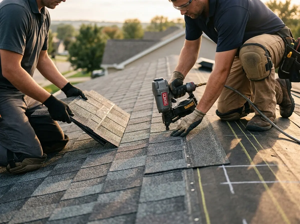 Professional roofer working on a residential roof in Ecorse